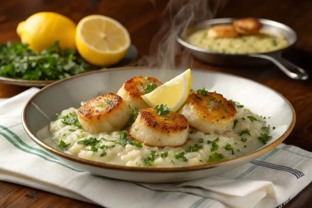 Recette noix de saint-jacques dorées accompagnées de persil frais et citron, posées sur un lit de risotto crémeux.