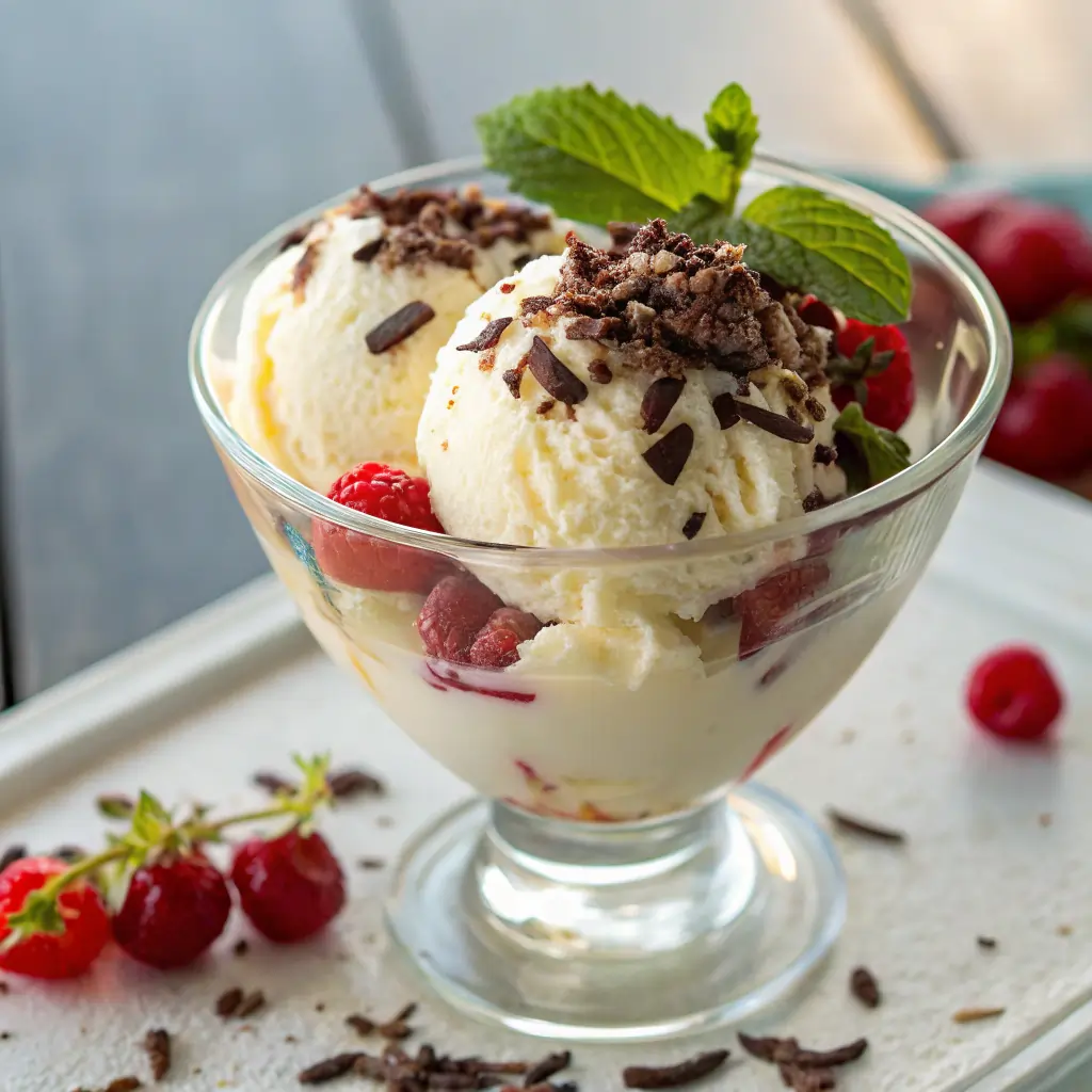 Boule de crème glacée maison à la vanille servie dans une coupe transparente, décorée avec des fruits rouges, des copeaux de chocolat et une feuille de menthe.